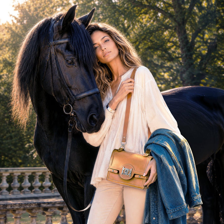 Bella -  Horse Bit Talisman Crossbody Luxury Leather Handbag in Caramel