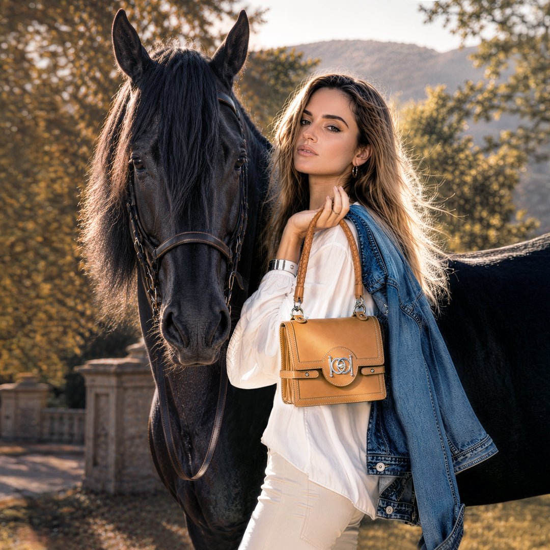 Bella - Horse Bit Talisman Crossbody Luxury Leather Handbag in Caramel from KADOU Boutique