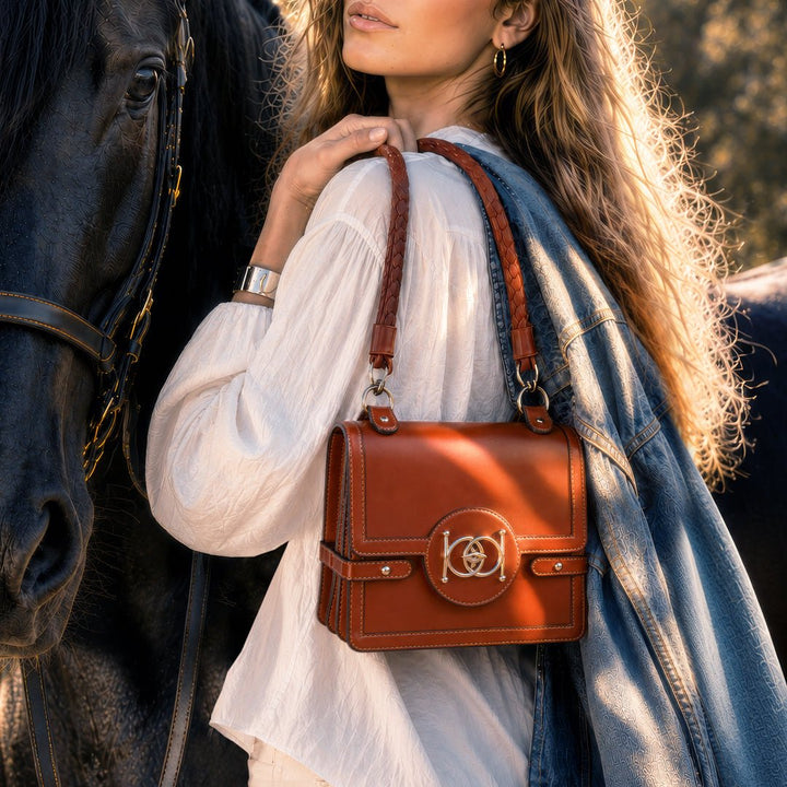 Bella -  Horse Bit Talisman Crossbody Luxury Leather Handbag in Cognac