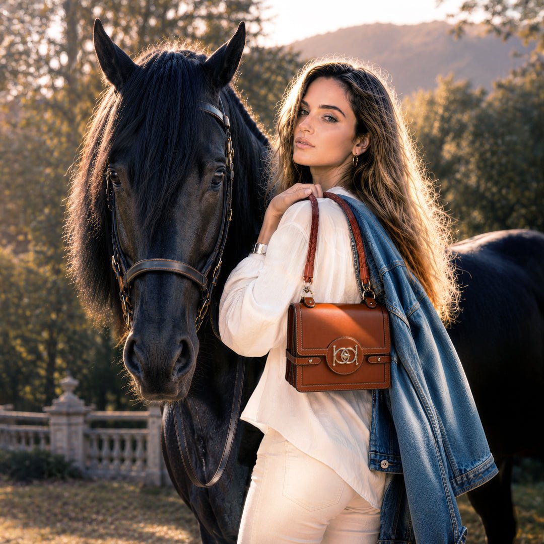 Bella - Horse Bit Talisman Crossbody Luxury Leather Handbag in Cognac from KADOU Boutique