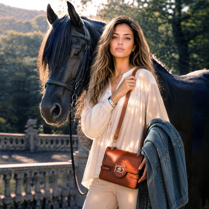 Bella -  Horse Bit Talisman Crossbody Luxury Leather Handbag in Cognac