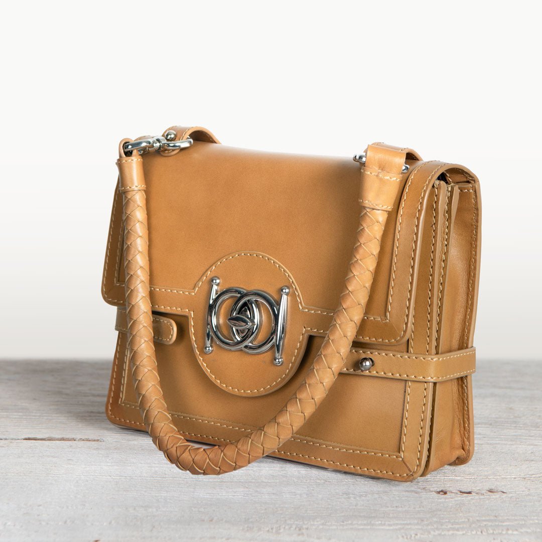 Bella -  Horse Bit Talisman Crossbody Luxury Leather Handbag in Caramel