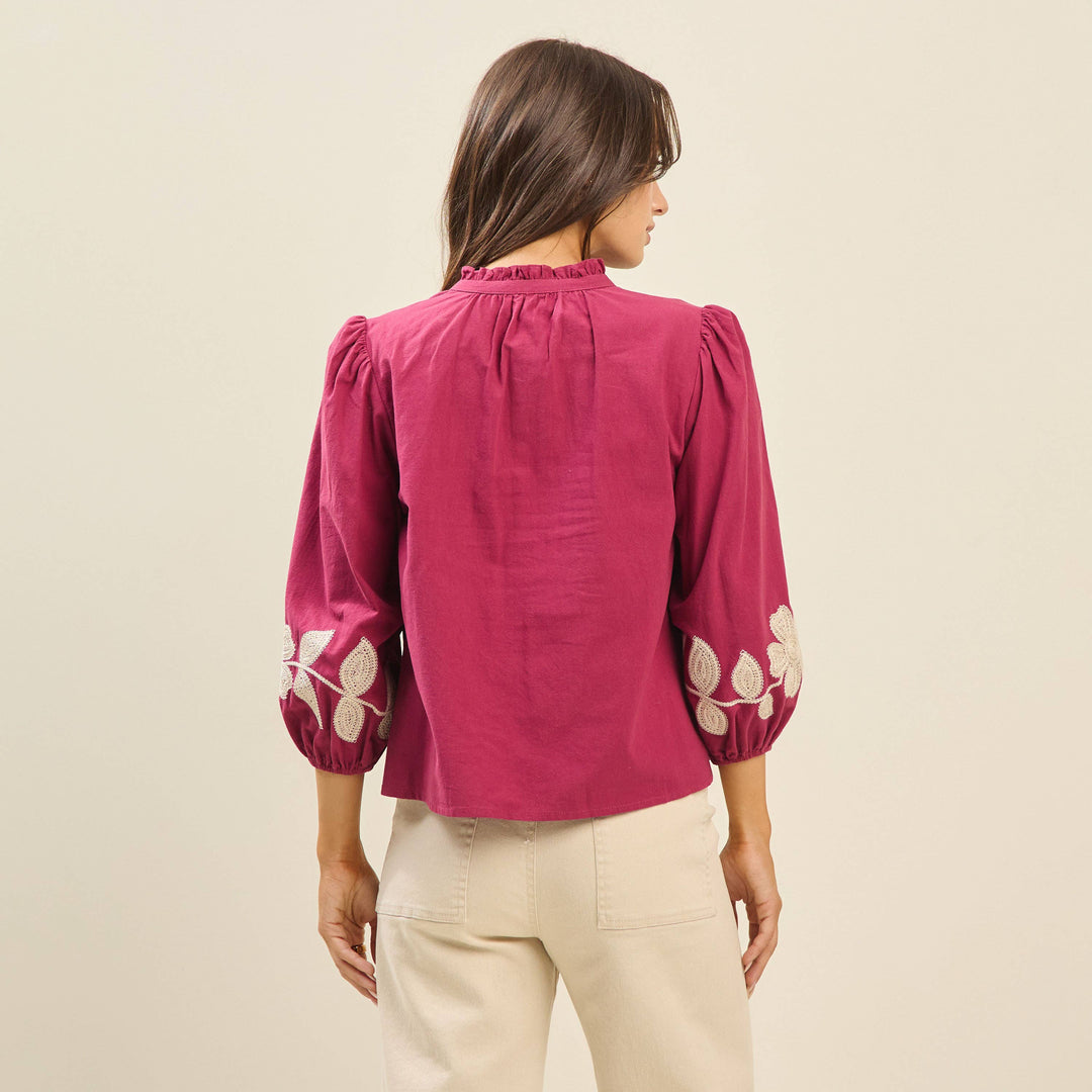 Balloon Sleeve Embroidered Cotton Blouse