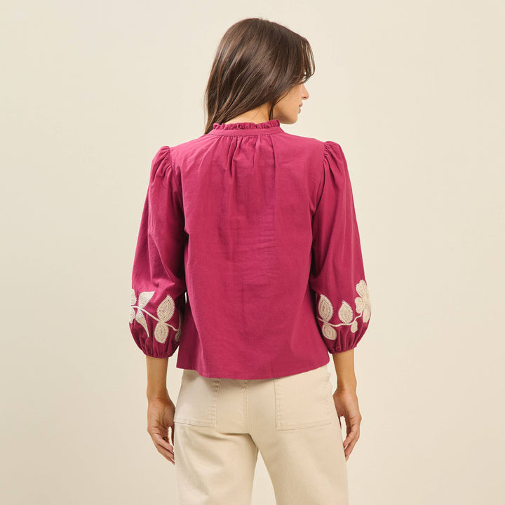 Balloon Sleeve Embroidered Cotton Blouse