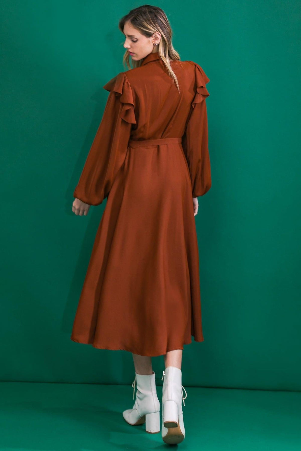 Tier Elegance Brown Woven Midi Dress from KADOU Boutique