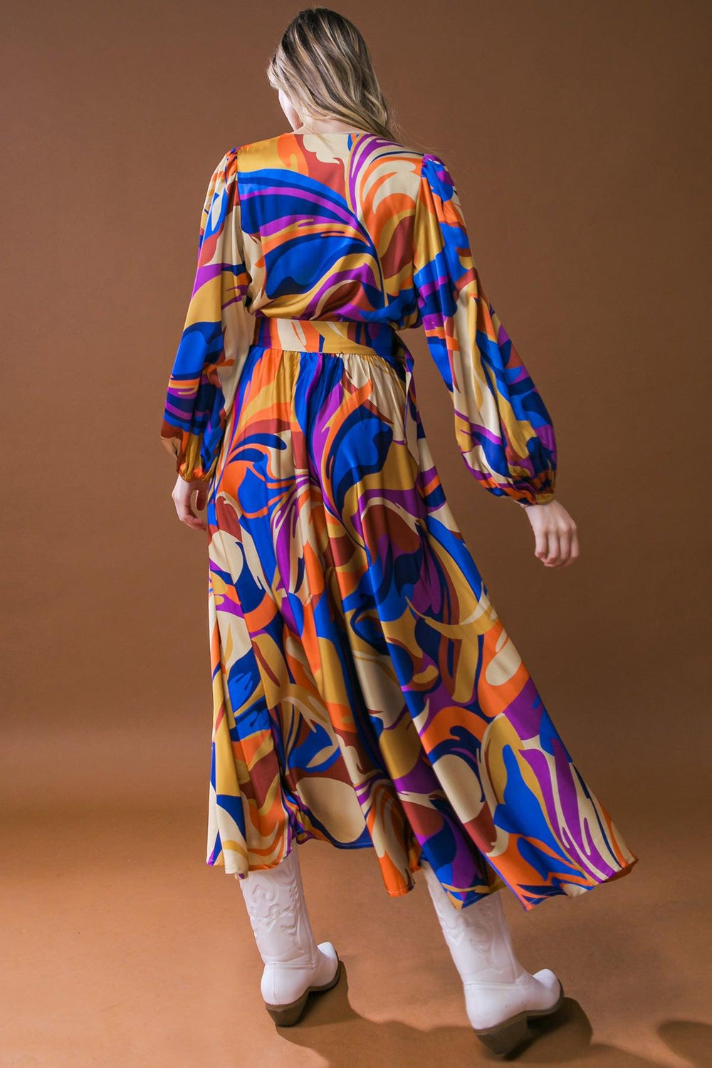 Bold Adventures Woven Satin Midi Dress from KADOU Boutique