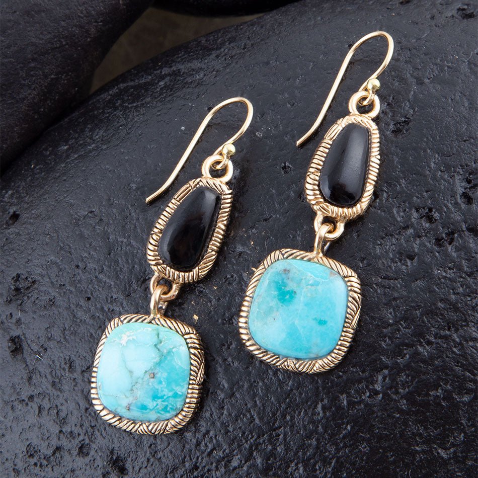 Black Onyx and Blue Turquoise Golden Bronze Drop Earrings from KADOU Boutique