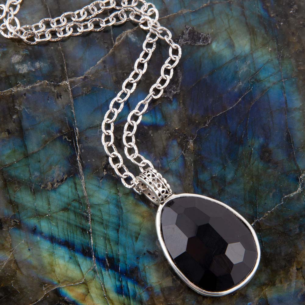Black Onyx and Sterling Silver Teardrop Pendant Necklace from KADOU Boutique
