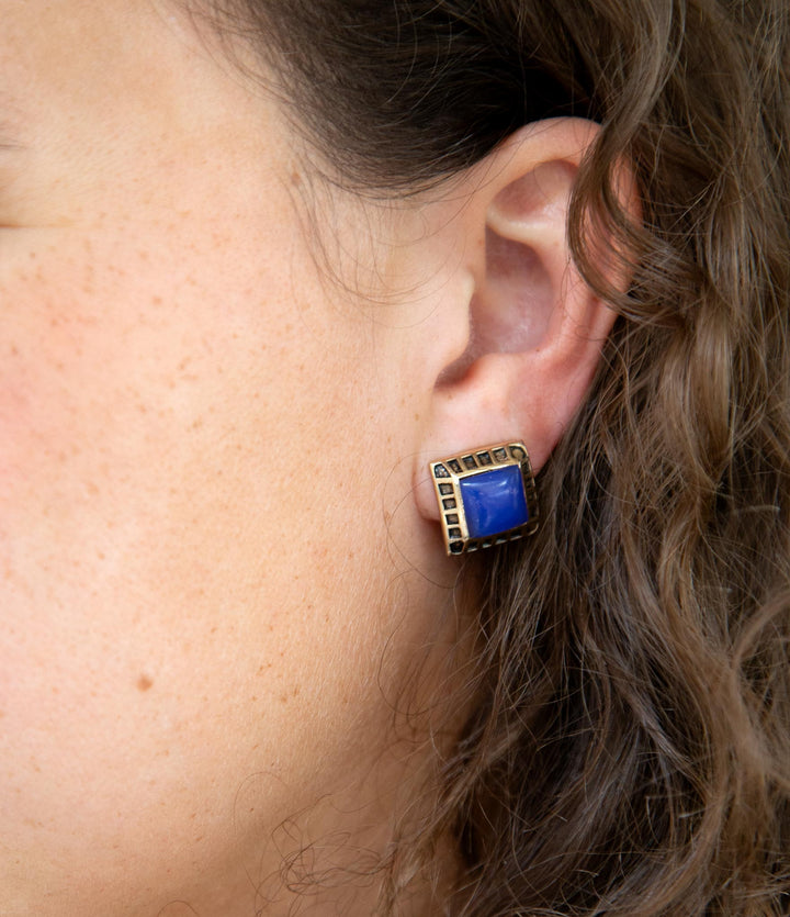 Blue Agate Golden Clip Earrings