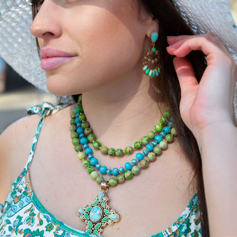 Legacy Lime Green and Blue Turquoise Golden Cross Pendant Statement Necklace from KADOU Boutique