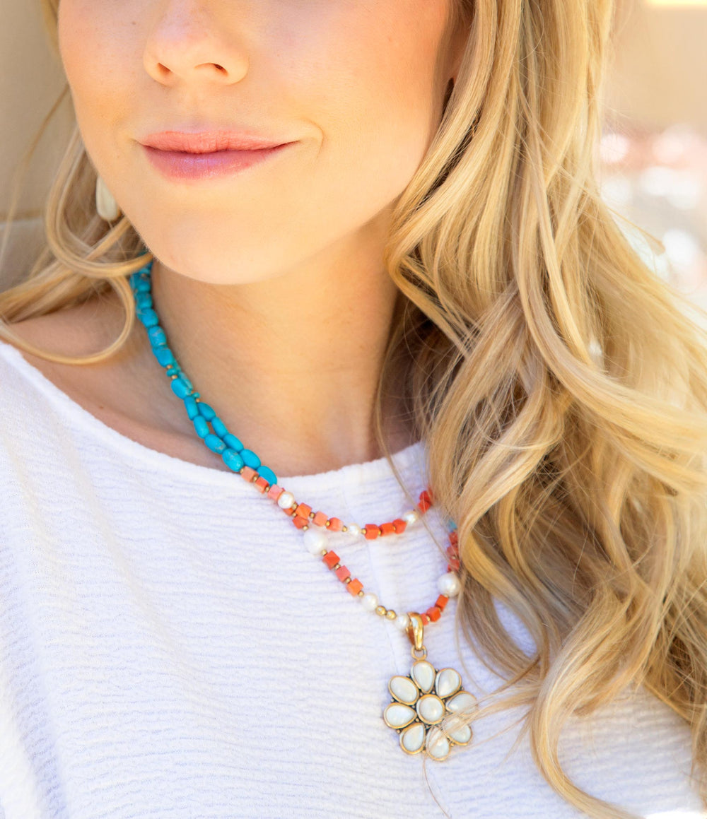 Blue and White Hibiscus Mother of Pearl Pendant and Necklace from KADOU Boutique