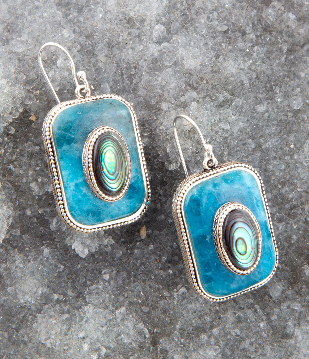 Blue Apatite and Abalone Stacked Sterling Silver Earrings from KADOU Boutique