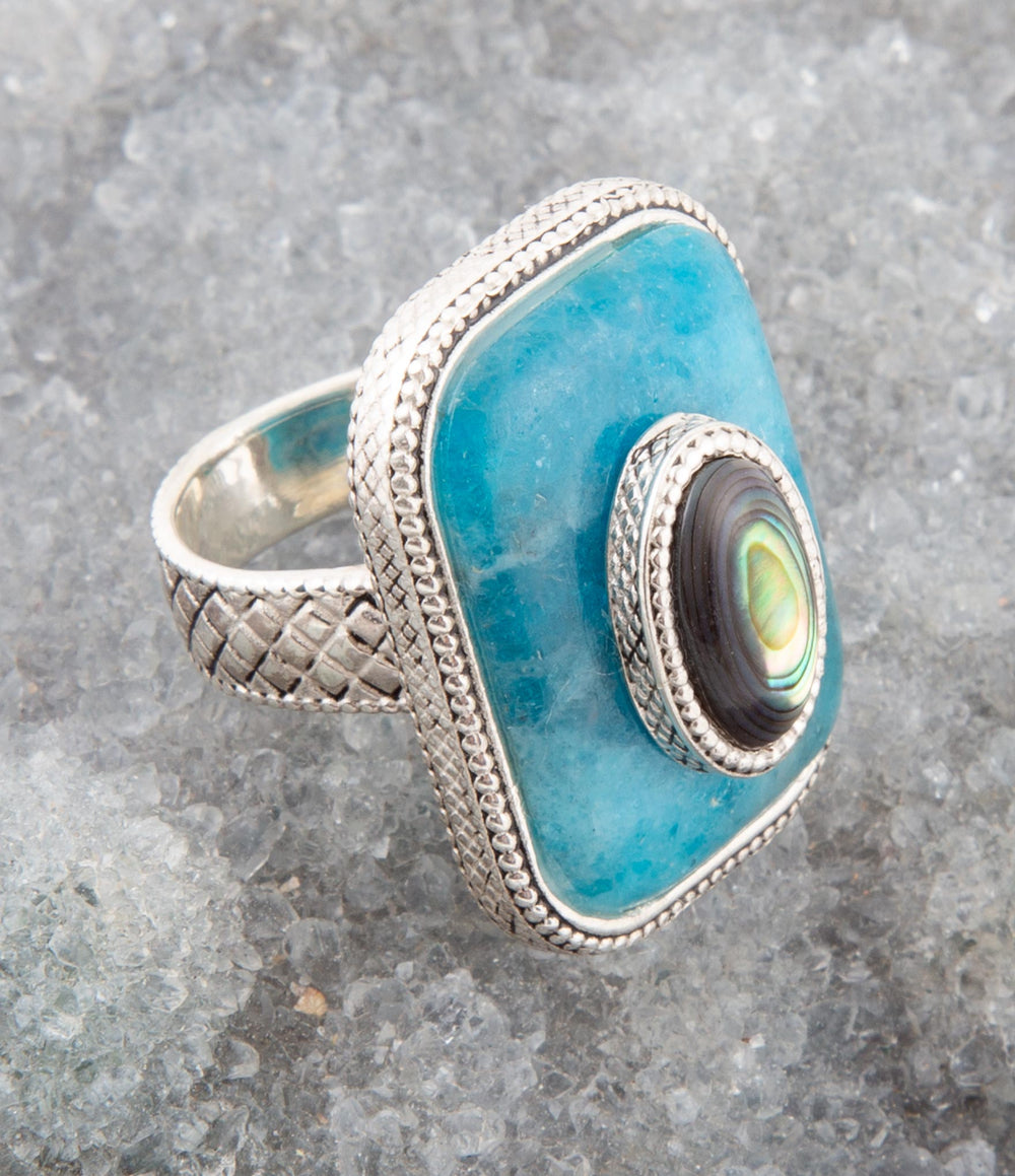 Blue Apatite and Abalone Stacked Sterling Silver Ring from KADOU Boutique