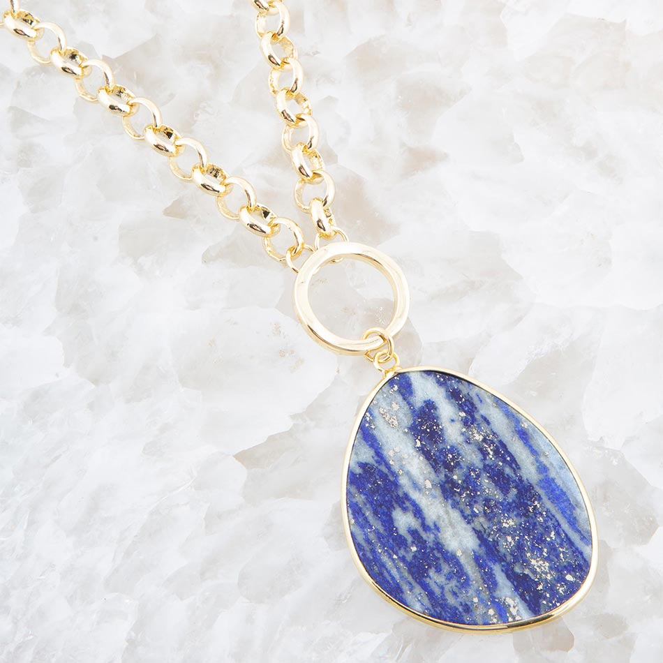 Blue Lapis Slab Pendant Golden Necklace from KADOU Boutique