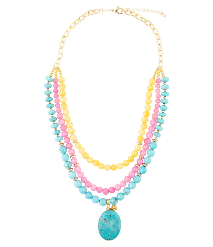 St. Augustine Pink Agate and Blue Turquoise Golden Pendant Necklace