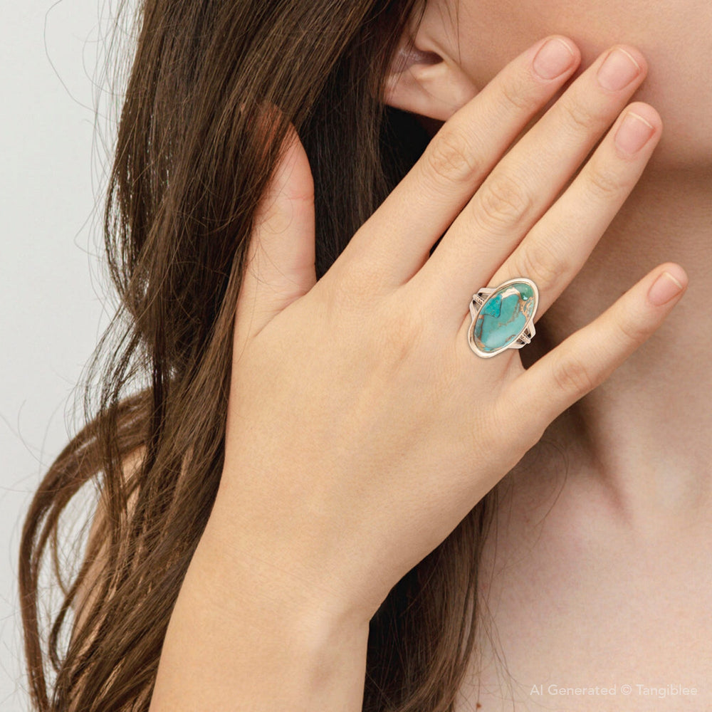 Blue Turquoise and Bronze Matrix Golden Oval Ring from KADOU Boutique