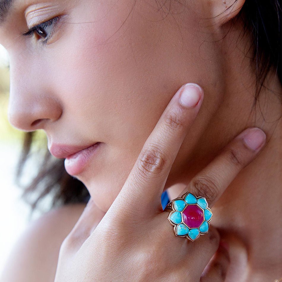 Blue Turquoise and Red Quartz Flower Golden Ring from KADOU Boutique
