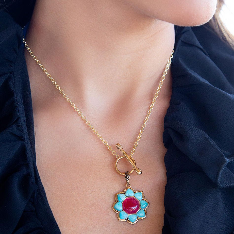 Blue Turquoise and Red Quartz Golden Chain Necklace from KADOU Boutique