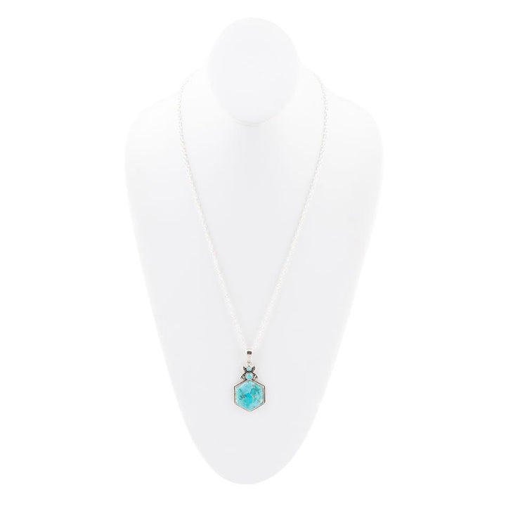 Blue Turquoise and Sterling Silver Hexagon Pendant Necklace