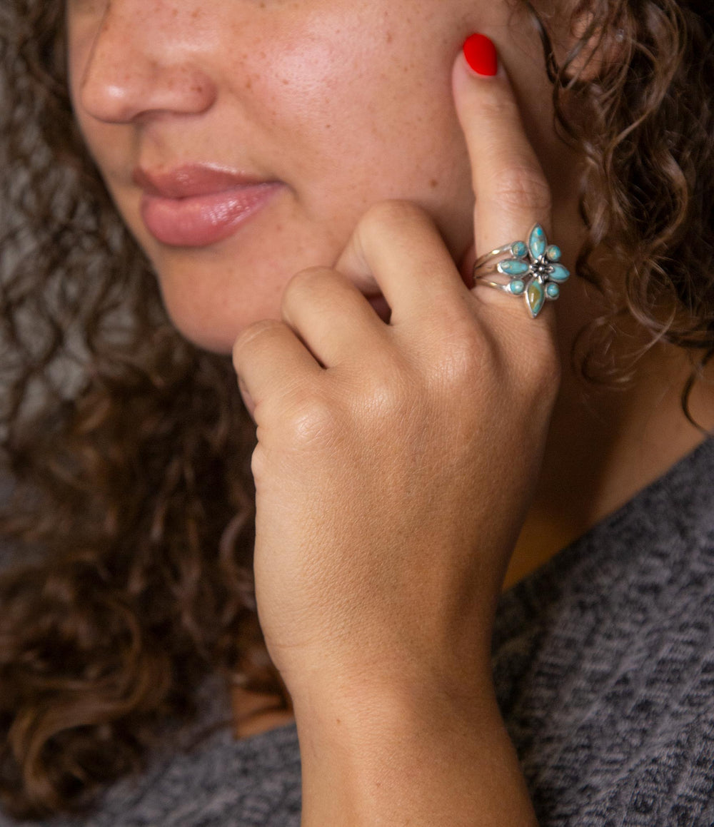 Floral Blue Turquoise and Sterling Silver Statement Ring from KADOU Boutique