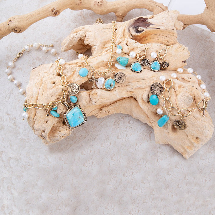 Blue Turquoise and White Pearl Multi Charm Golden Bracelet