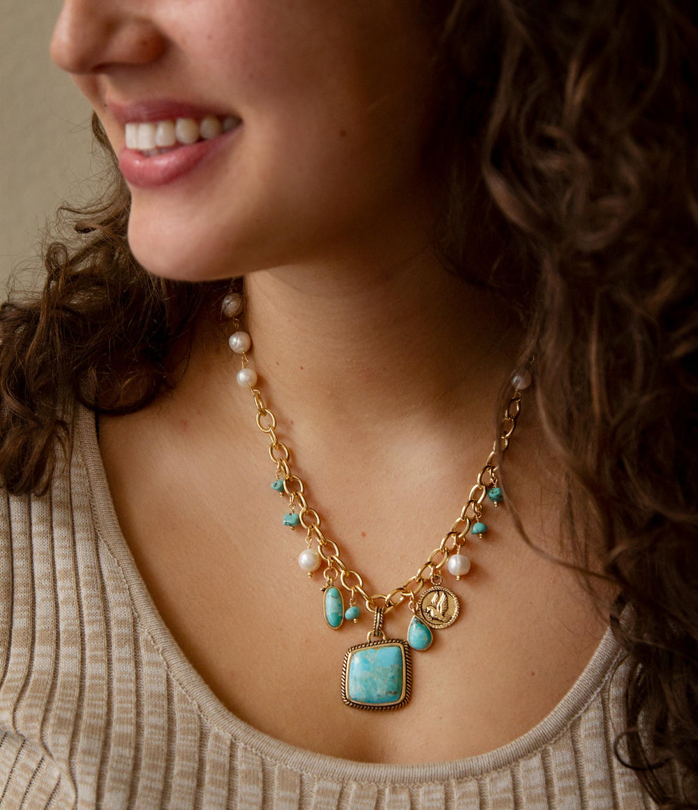 Blue Turquoise and White Pearl Multi Pendant Golden Necklace from KADOU Boutique