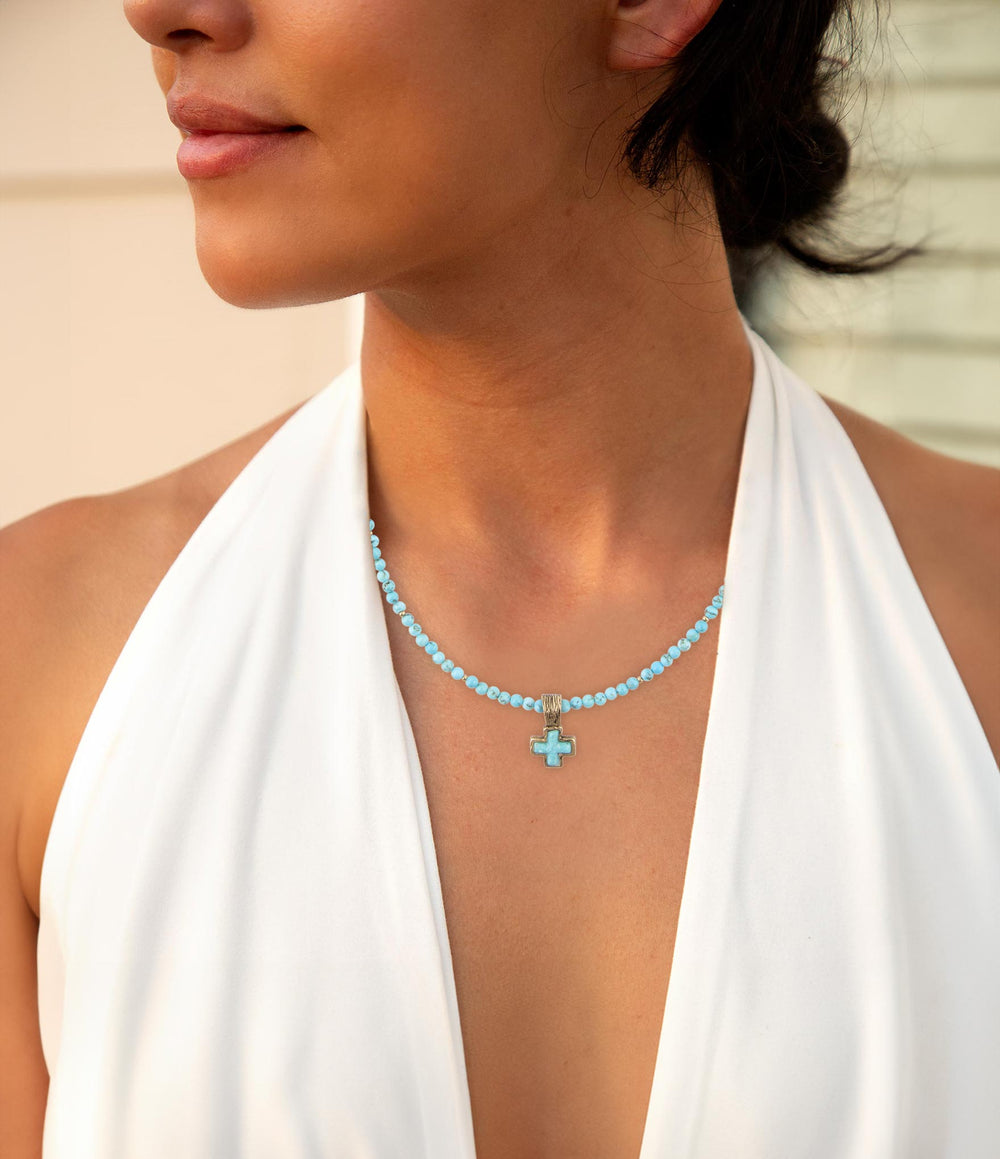 Blue Turquoise Cross Golden Pendant Necklace from KADOU Boutique