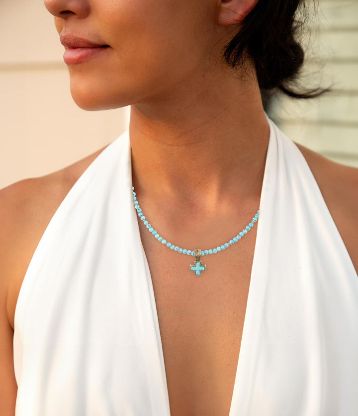 Blue Turquoise Cross Golden Pendant Necklace