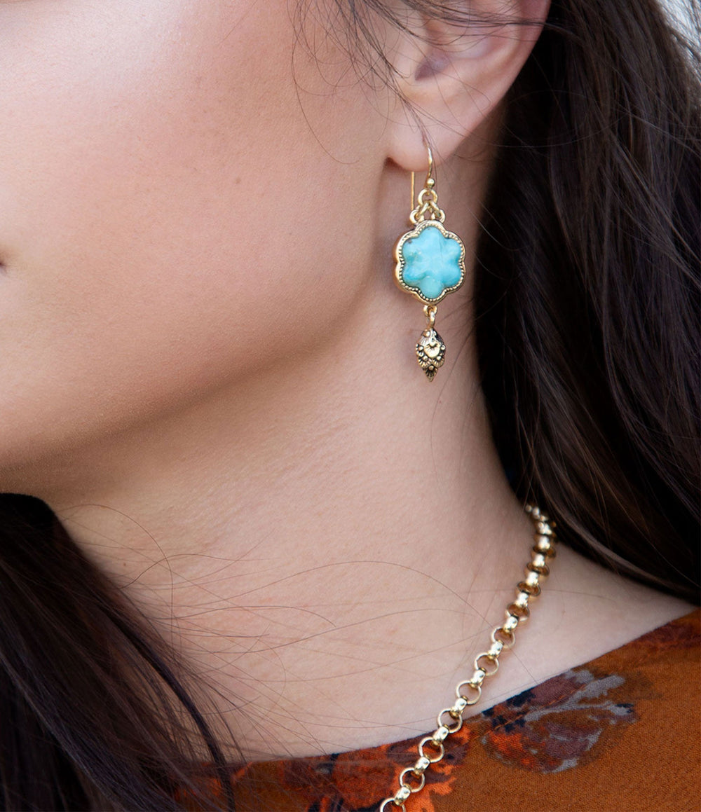 Blue Turquoise Flower Golden Drop Earrings from KADOU Boutique