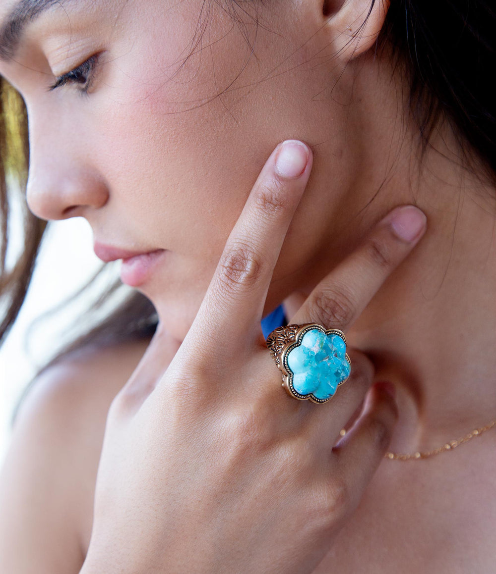 Blue Turquoise Flower Golden Ring from KADOU Boutique