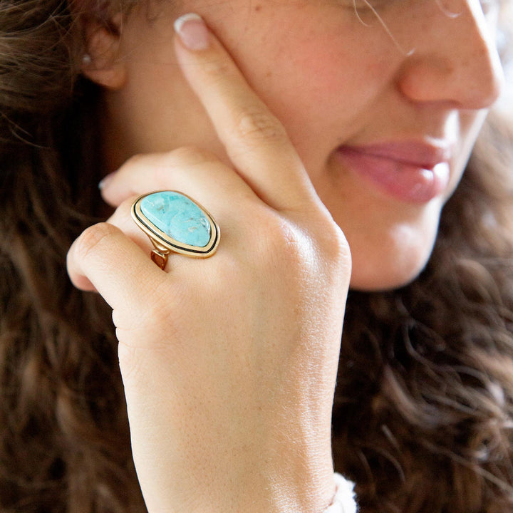 Blue Turquoise Irregular Golden Statement Ring from KADOU Boutique