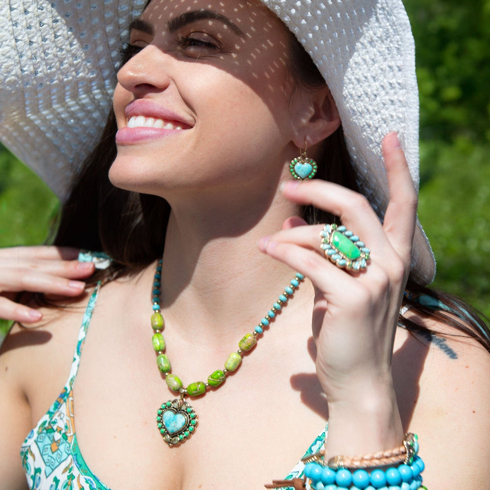 Legacy Heart Lime Green and Blue Turquoise Golden Drop Earrings from KADOU Boutique