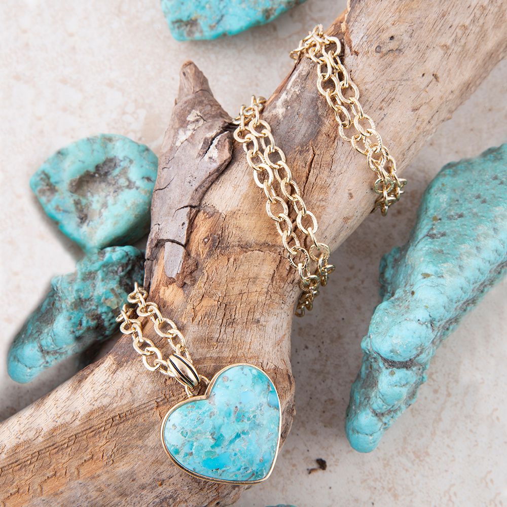 Blue Turquoise Heart Pendant Golden Necklace from KADOU Boutique