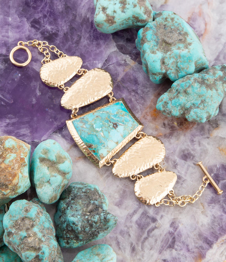 Blue Turquoise Jeweled Statement Link Golden Bracelet