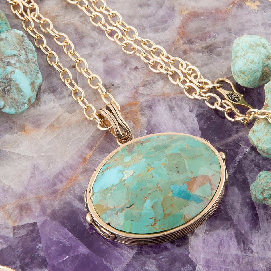 Blue Turquoise Long Golden Chain Necklace from KADOU Boutique