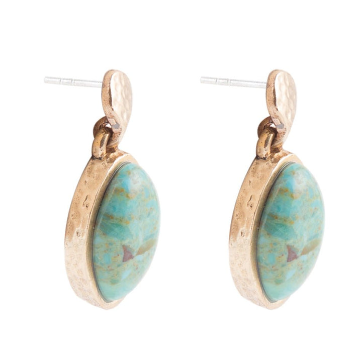 Blue Turquoise Oval Shape Golden Drop Errings