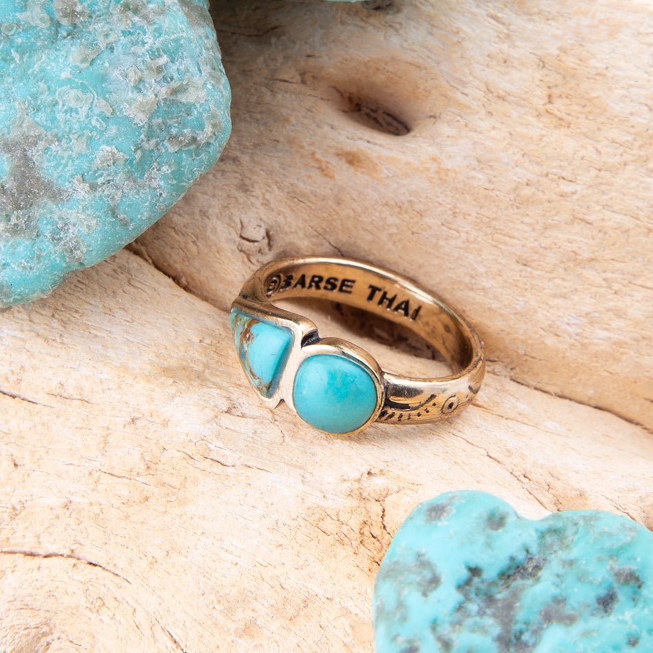 Blue Turquoise Shape Golden Bronze Ring from KADOU Boutique