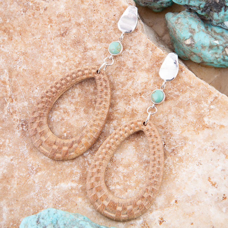 Blue Turquoise Top Carved Wood Sterling Silver Earrings from KADOU Boutique
