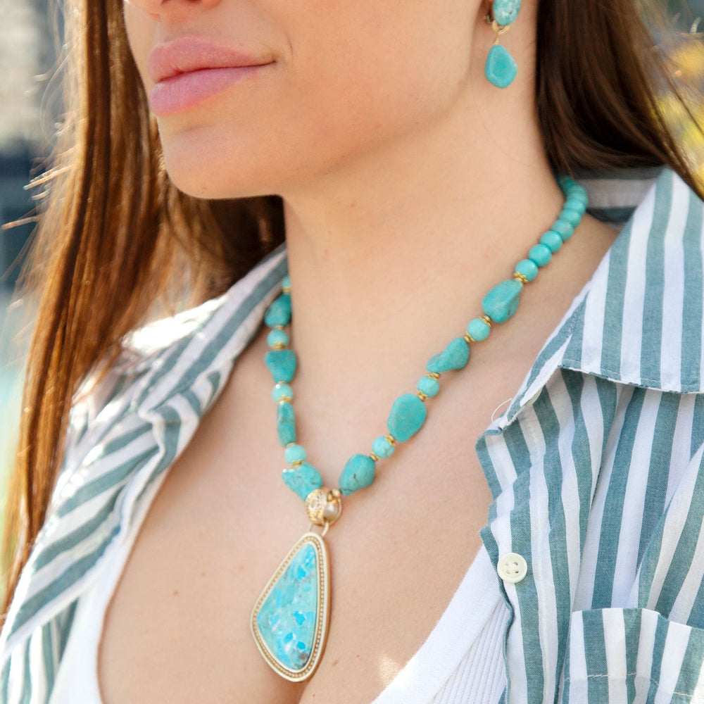 Blue Turquoise Triangle Golden Pendant Necklace from KADOU Boutique