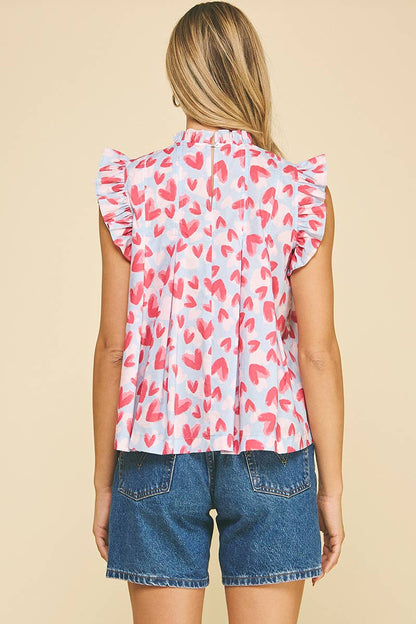 HEART PRINT RUFFLED SLEEVE TOP