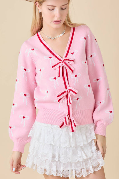 Sweater Knit Cardigan With Ribbon Bow Detail