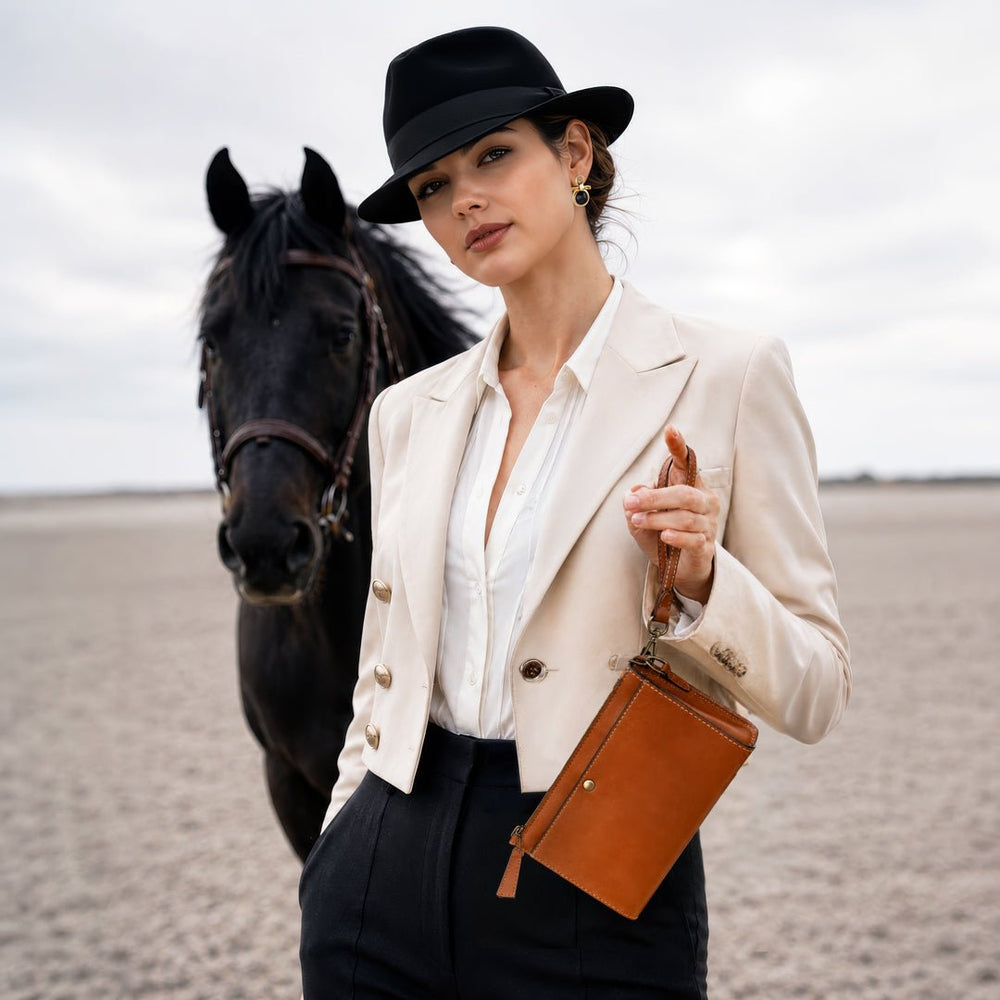 Caravel Wristlet Clutch - Luxury Leather Handbag in Cognac from KADOU Boutique