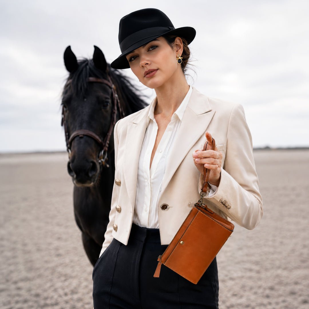 Caravel Wristlet Clutch - Luxury Leather Handbag in Cognac from KADOU Boutique