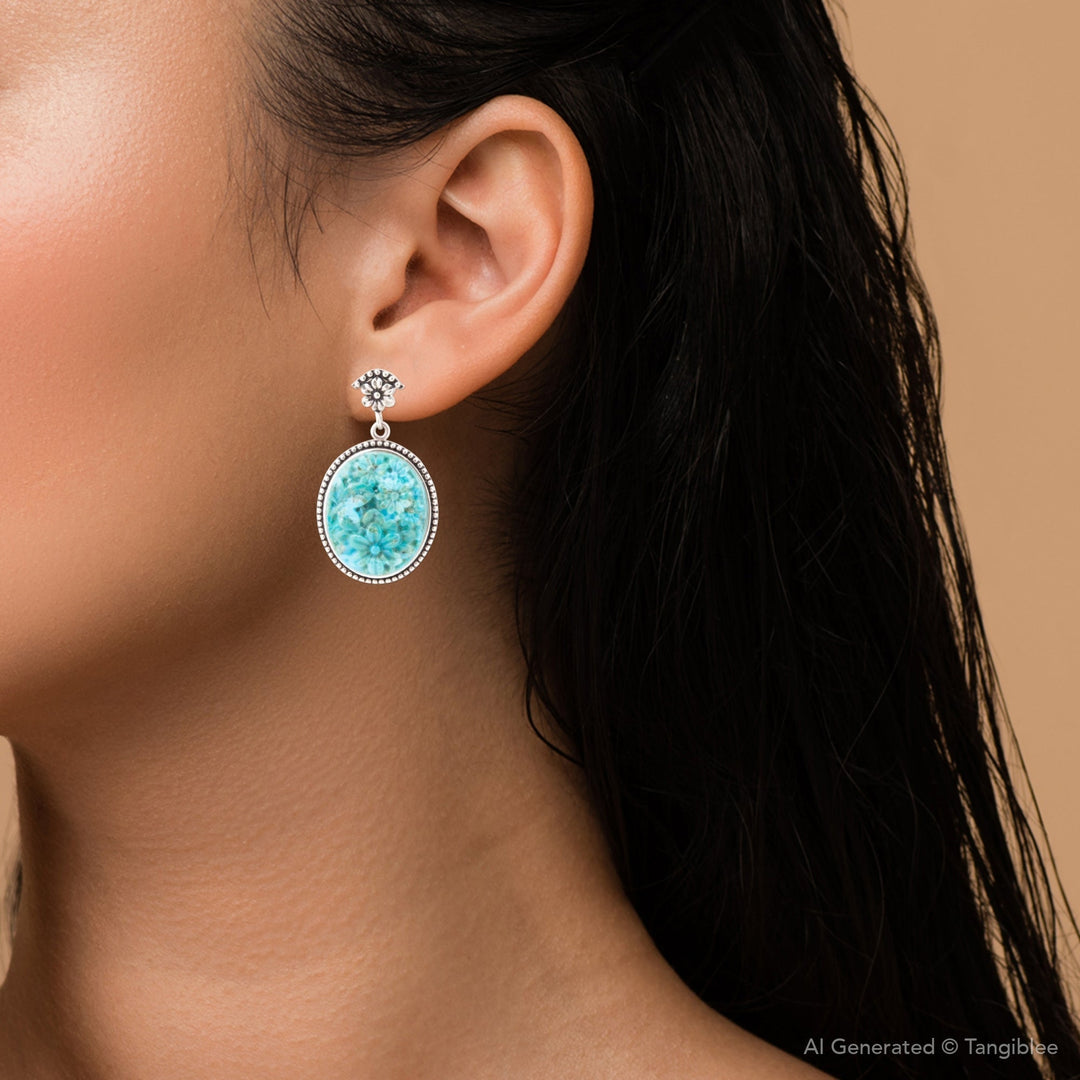 Carved Blue Turquoise Sterling Silver Drop Earrings