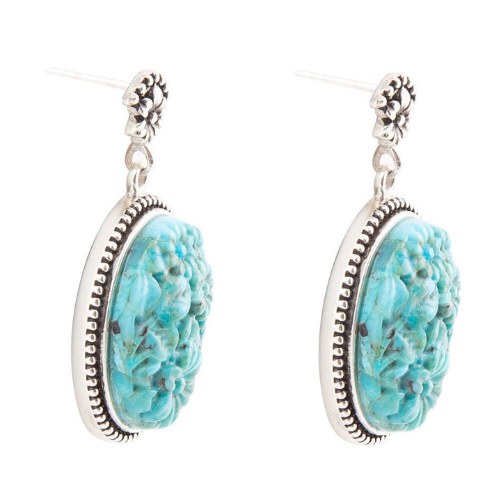 Carved Blue Turquoise Sterling Silver Drop Earrings