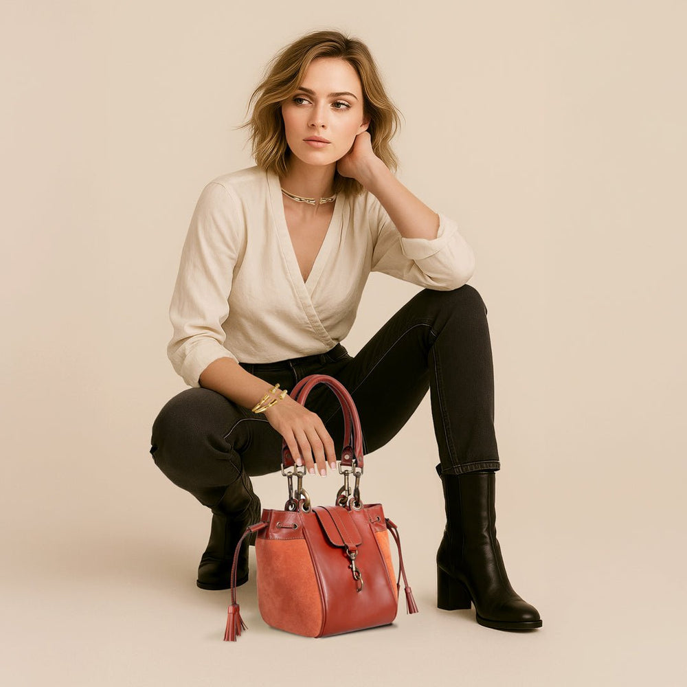 Cassidy - Luxury Leather Bucket Handbag in Cognac from KADOU Boutique