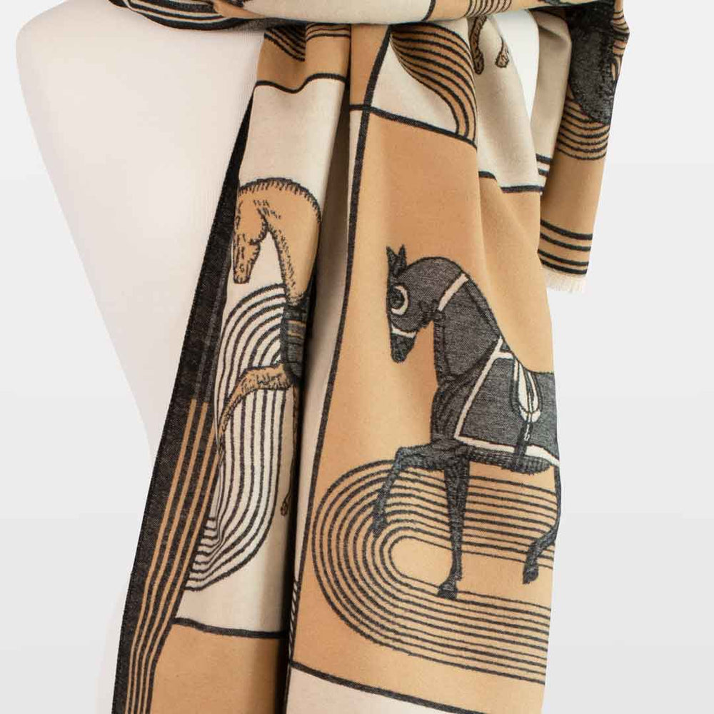 Cavallo - Caramel Equestrian Motif Luxe Shawl from KADOU Boutique