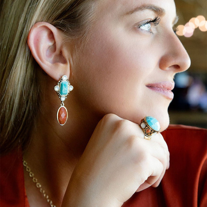 Champs Blue Turquoise and Coral Golden Statement Ring