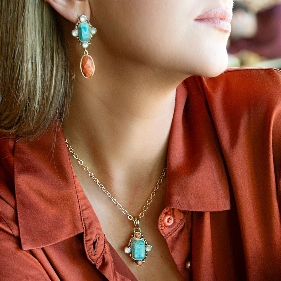 Champs Blue Turquoise and Orange Coral Golden Pendant Necklace from KADOU Boutique