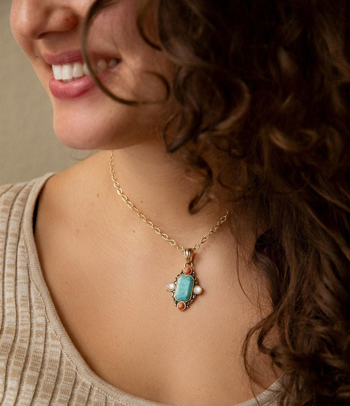 Champs Blue Turquoise and Orange Coral Golden Pendant Necklace